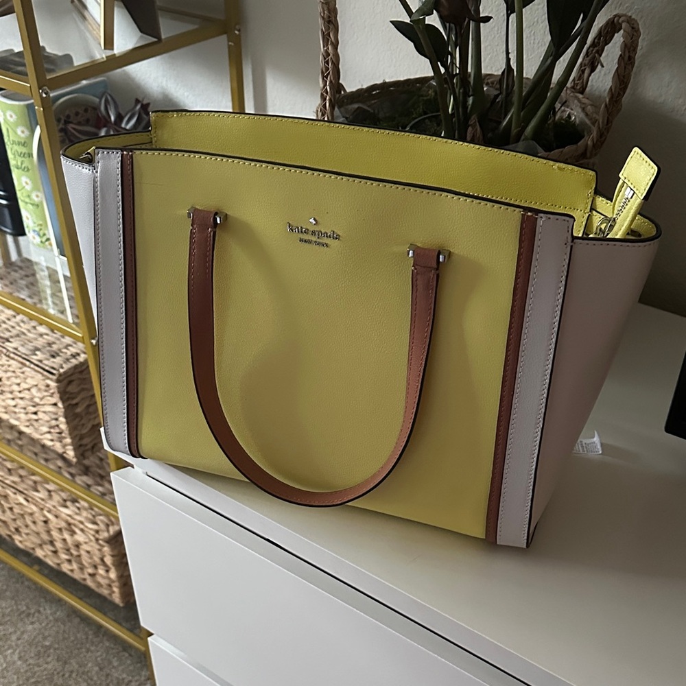 kate spade Yellow and Cream Colorblock Leather Tote with Brown Handles